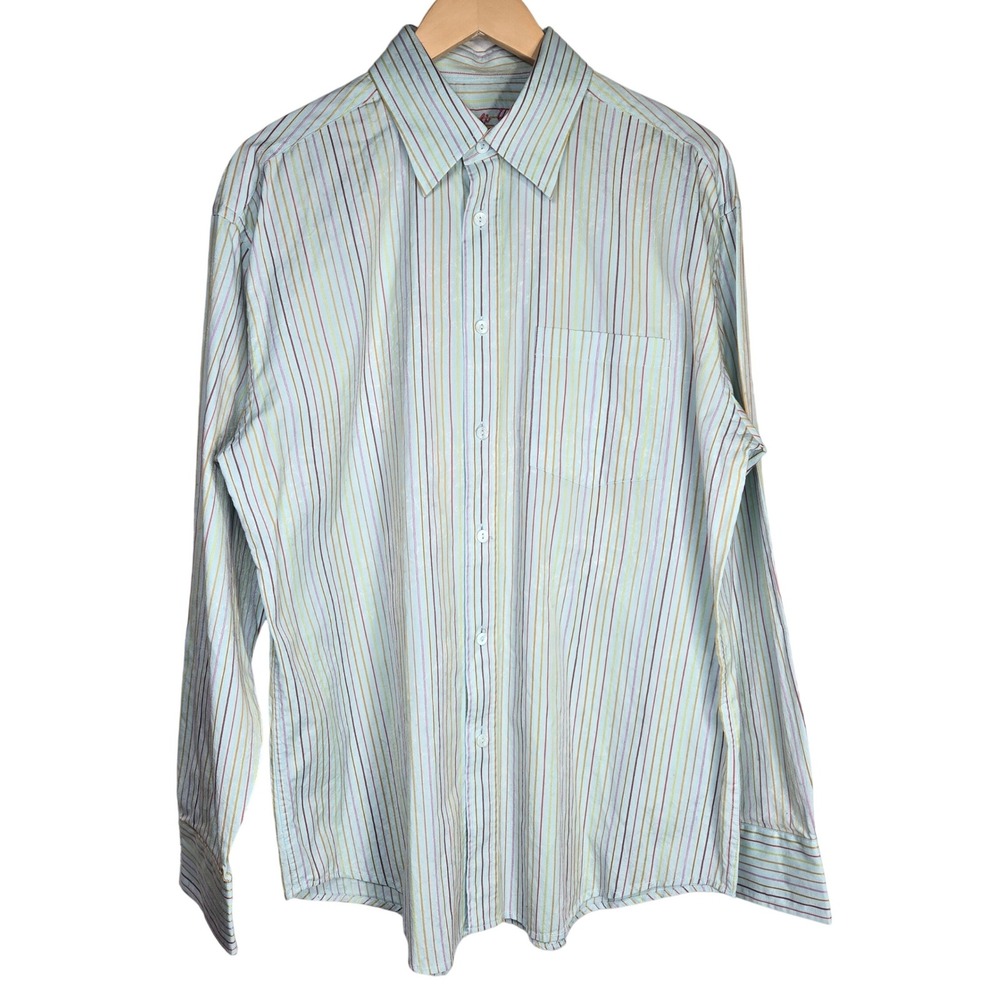 Bugatchi Uomo Mens Embroidered Cuff Button Down Shirt Light Blue Multi Stripe L